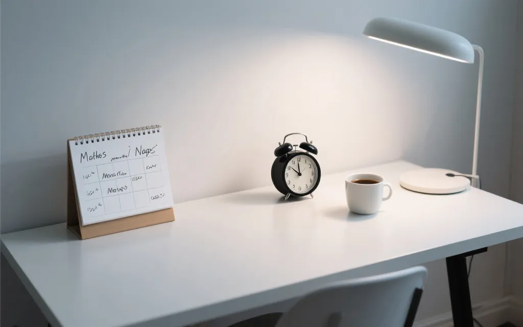 日历与闹钟、咖啡杯和便签，标注观赛与补觉计划的桌面，简洁理性风格